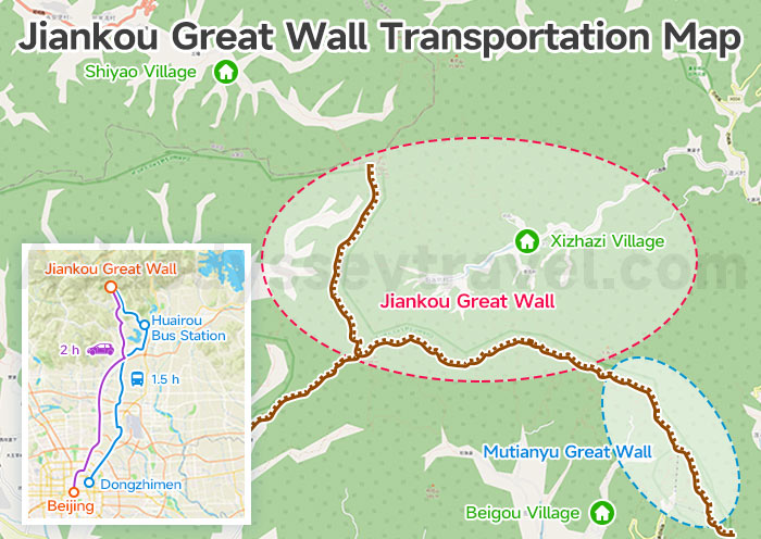 Jiankou Great Wall Transportation Map with Distance and Travel Time