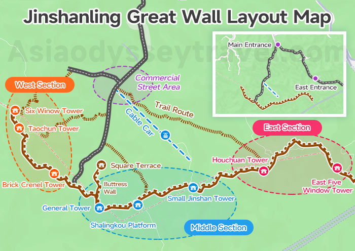 Jinshanling Great Wall Layout Map with Different Areas