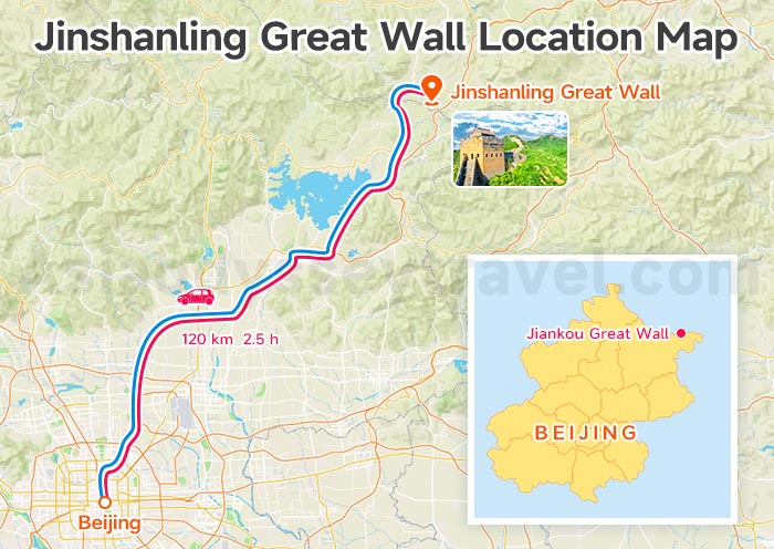 Jinshanling Great Wall On Beijing Map with Distance and Travel Time