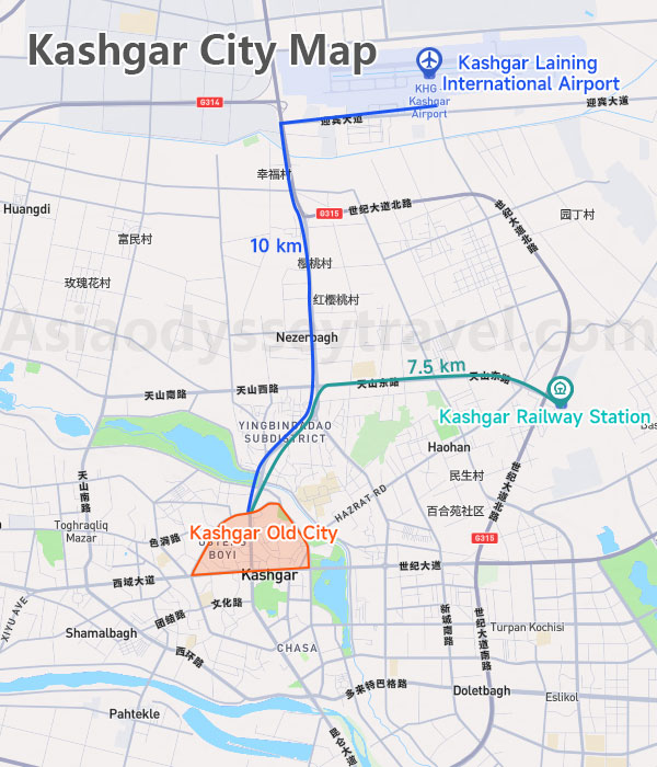 Kashgar City Map Shows Location of Airport, Railway Station & Old City