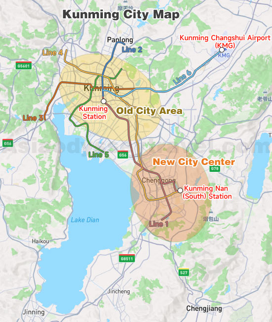 Detailed Kunming city map showing Old Town, New City Center, Airport, Train Stations, and Metro Lines 1-6
