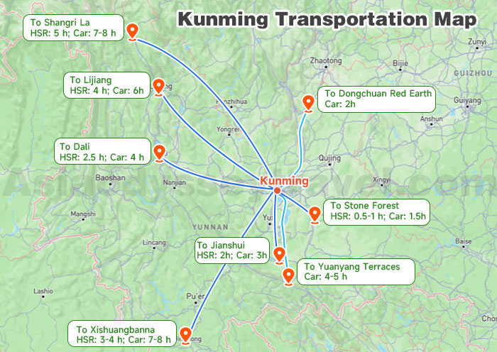 Kunming Transportation Map shows connection with cities in Yunnan with distance and travel time