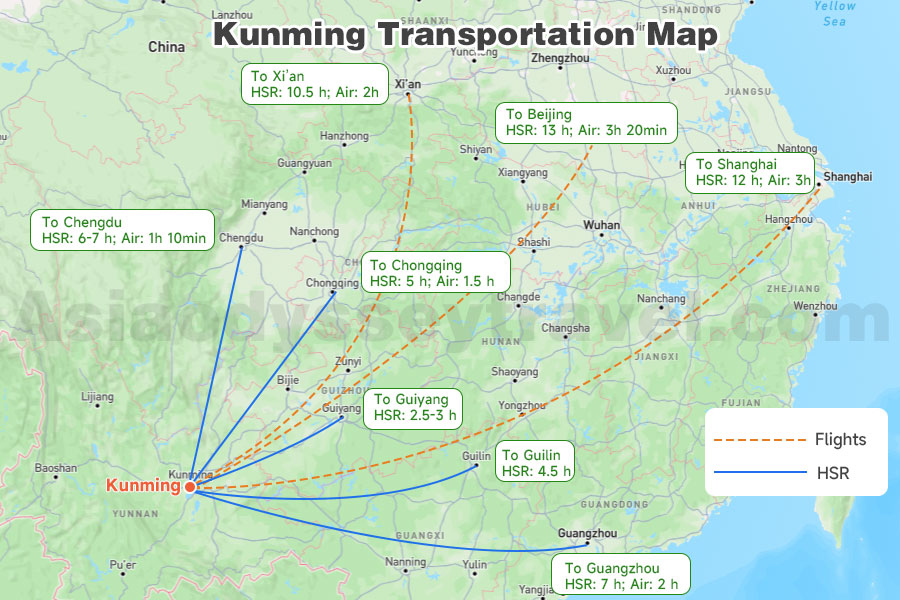 Kunming Transportation Map shows connection with cities in China with distance and travel time