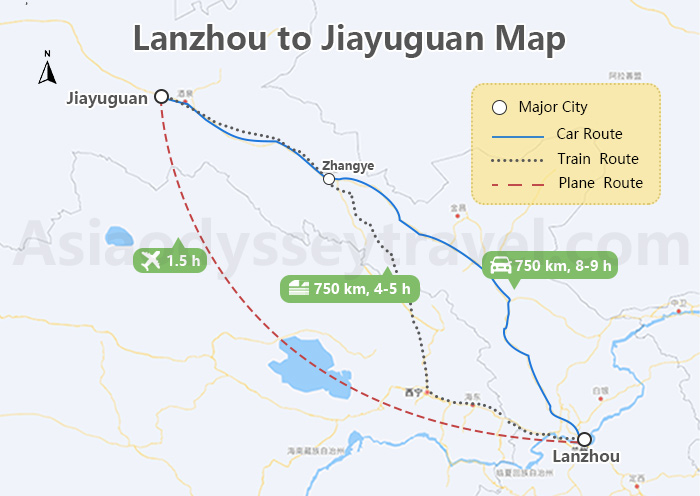 Lanzhou to Jiayuguan Map