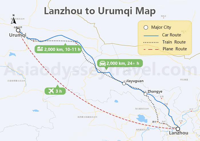 Lanzhou to Urumqi Map