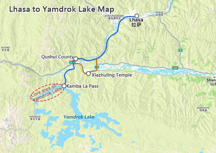 Lhasa to Yamdrok Lake Map