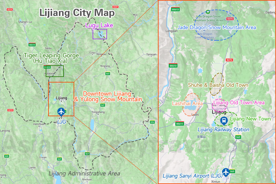 Lijiang City Map Shows Layout of Lijiang and Downtown Area