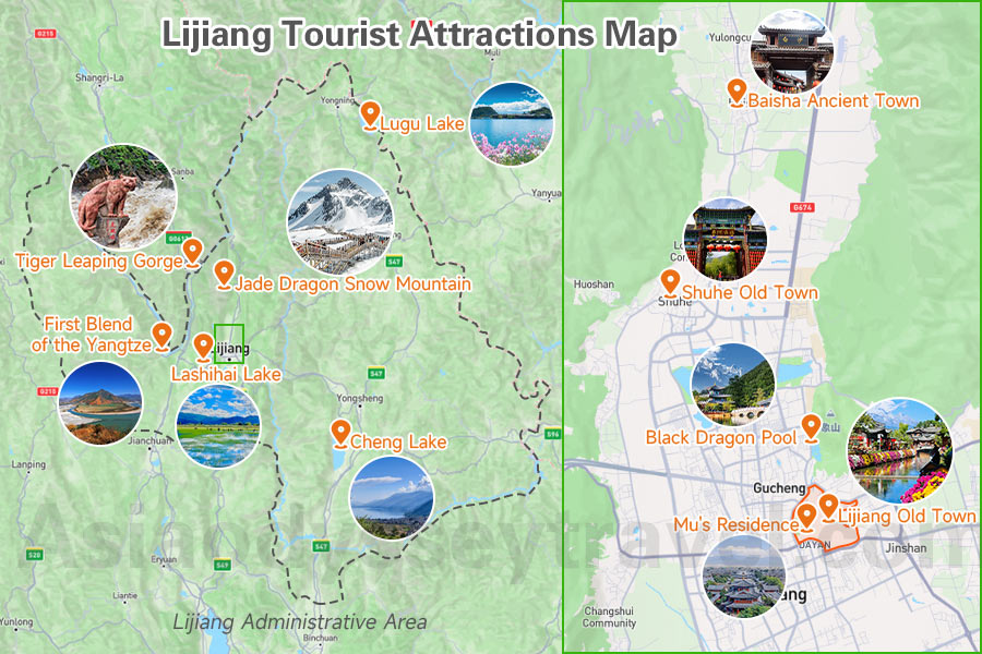 Lijiang Tourist Map Shows Top Attractions in Lijiang and Downtown Area