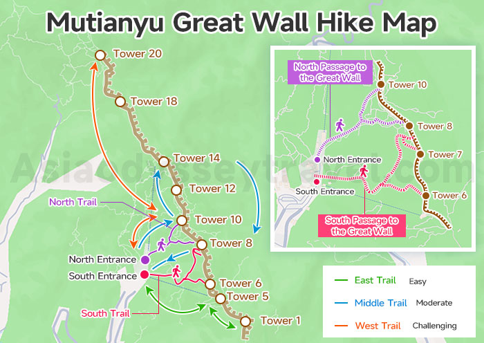 Mutianyu Great Wall Hike Map Shows 3 Hiking Trails