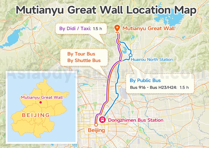 Mutianyu Great Wall Location On Beijing Map with Distance and Travel Time
