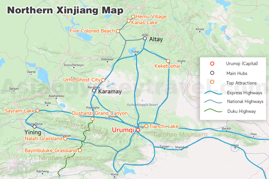 Northern Xinjiang Map offer main hubs with attractions & major highways