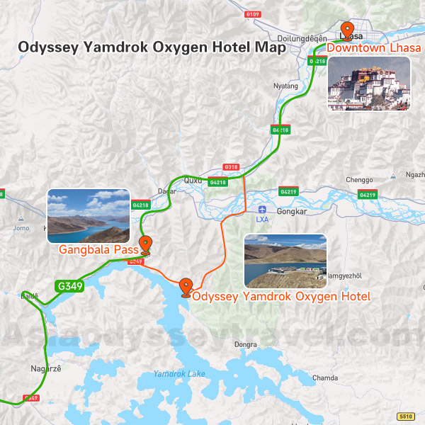 Lhasa to Odyssey Yamdrok Oxygen Hotel Map
