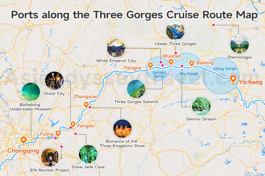 Ports along the Three Gorges Section on Yangtze River Map