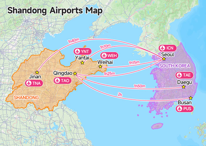 Shandong Airports Map with South Korea Air Connection