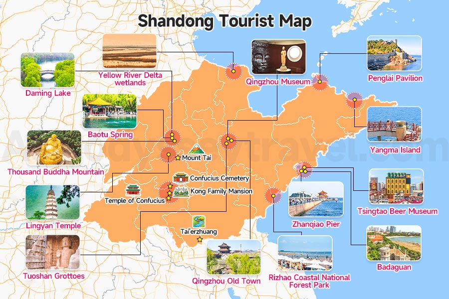 Shandong Tourist Map with UNESCO-sites, Culture Landmark & Beaches