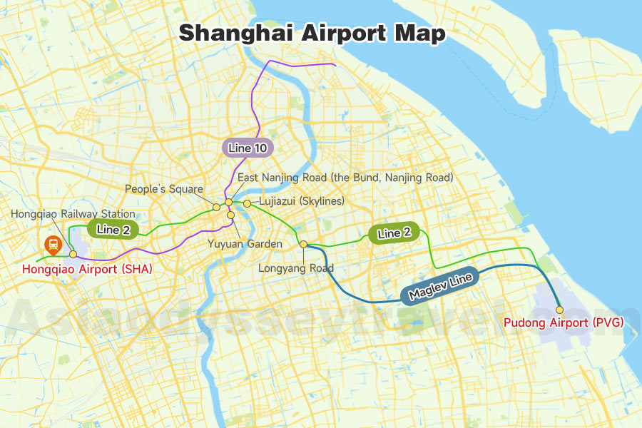 Shanghai Airport Map shows location of 2 Airports with Metro Links