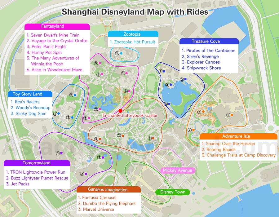 Shanghai Disneyland Map with Top Rides in Different Lands