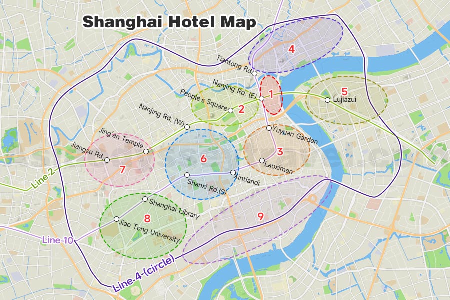Shanghai Hotel Map Shows 9 Hotel areas inside the Shanghai Metro Line 4 circle line