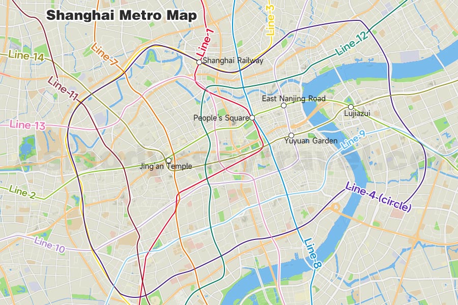 Shanghai Metro Map focuses on the area inside the Shanghai Metro Line 4 circle line
