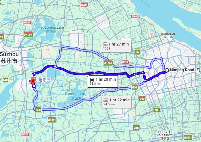 Shanghai Nanjing Road to Tongli Water Town Car Route on Google