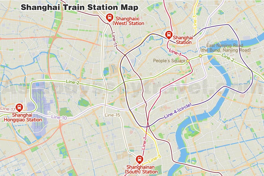 Shanghai Train Station Map shows location of 4 Stations with Metro Links