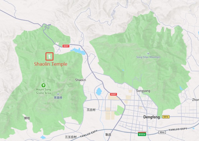 Shaolin Temple Location in Dengfeng City on Google Map