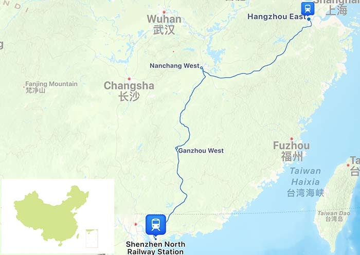 Shenzhen to Hangzhou High Speed Train Map