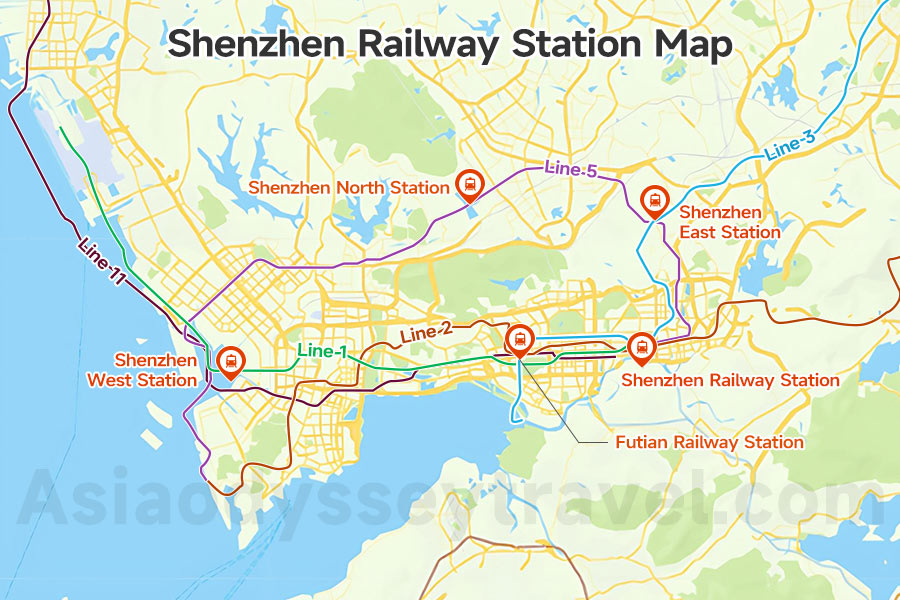 Shenzhen Railway Stations Map with Subway Links to Downtown