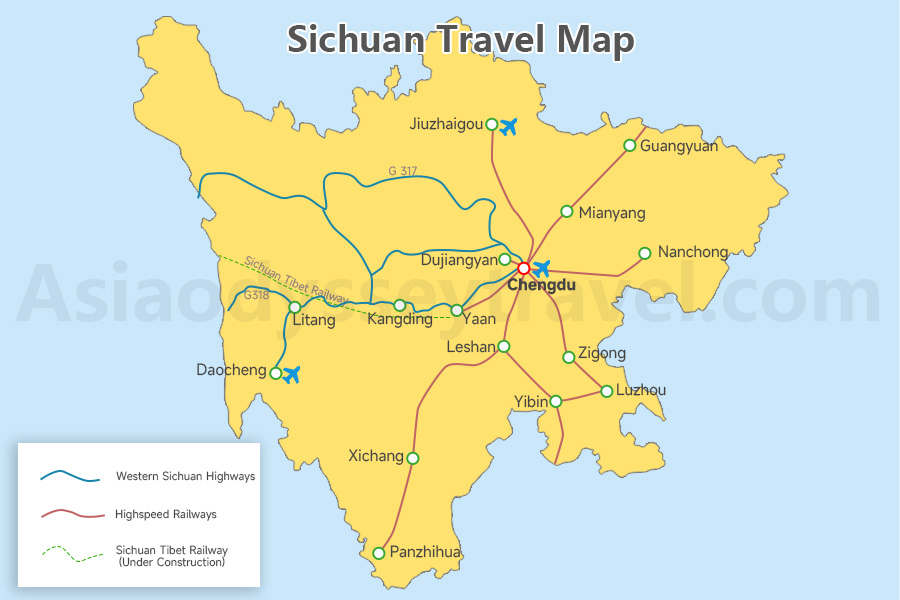 Sichuan Travel Map with Main Bullet Train Routes and highway routes
