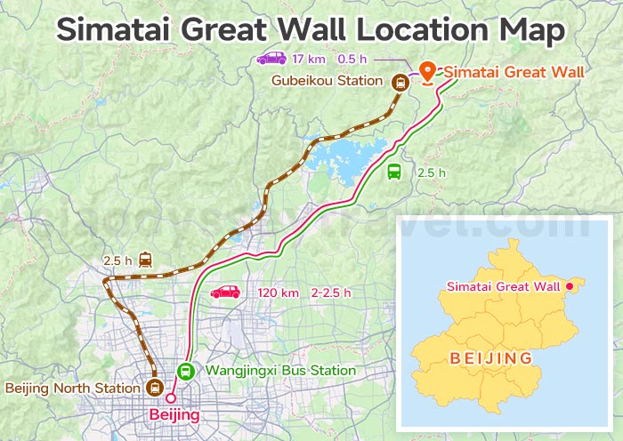 Simatai Great Wall Location On Beijing Map with Distance and Travel Time