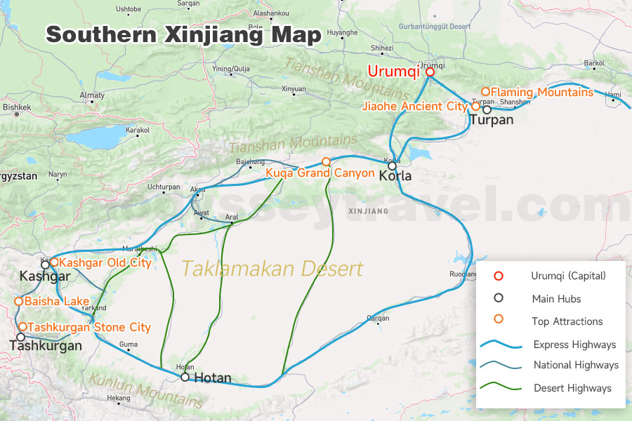 Southern Xinjiang Map offer main hubs with attractions & major highways