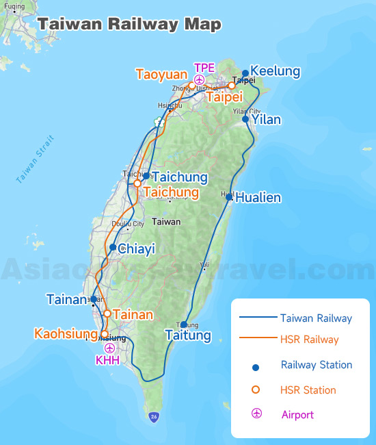 Taiwan Railway Map Shows HSR railways, Taiwan Railways and Airports