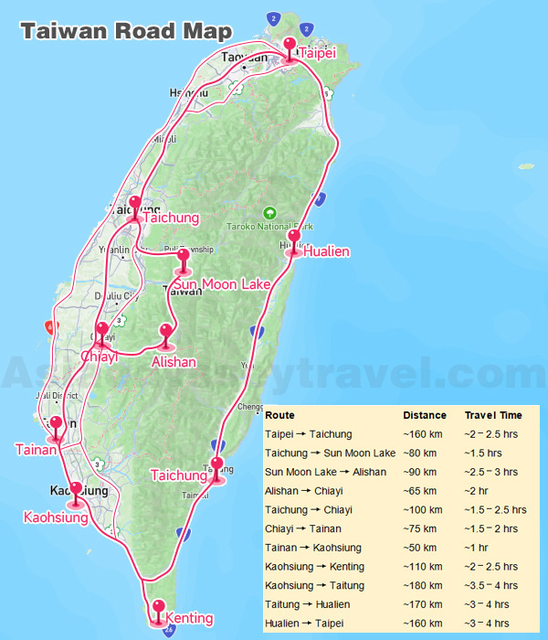 Taiwan Road Map Shows Links Between Spots with Distance and Travel Time
