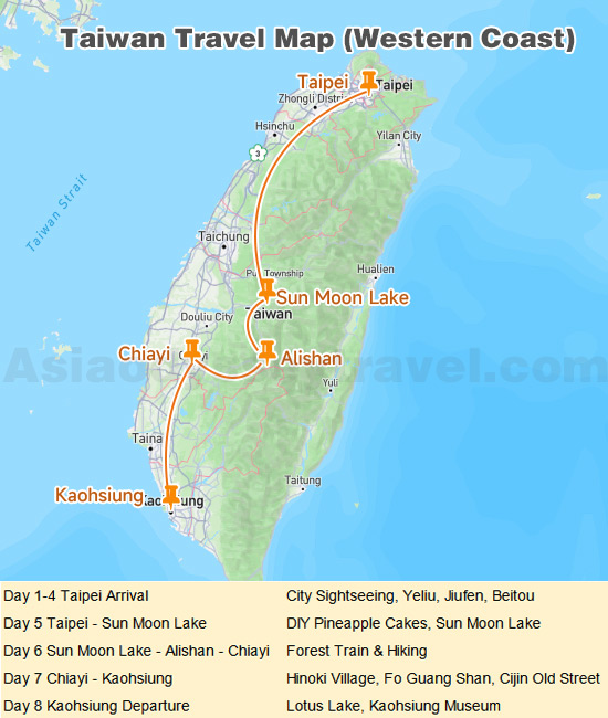 Taiwan Travel Map Shows 8-Day Western Coast Route