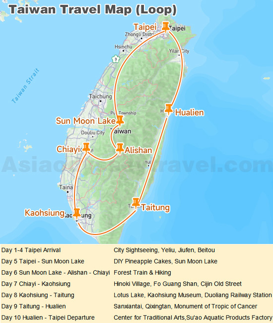 Taiwan Travel Map Shows 10-Day Loop Route