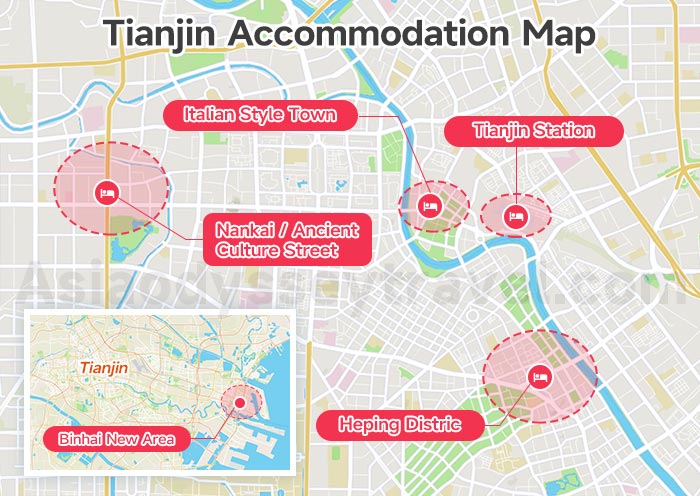 Tianjin Accommodation Map - four recommended stay zones highlighted