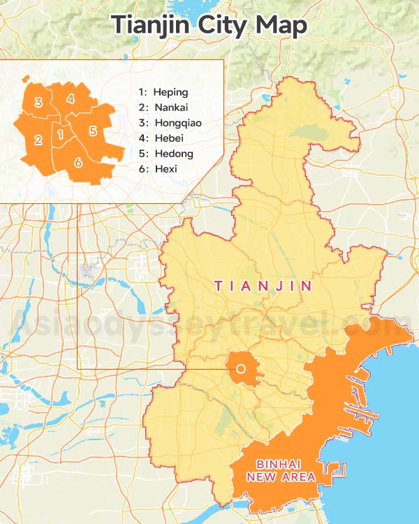 Tianjin city map with central districts color-coded and the Binhai District marked