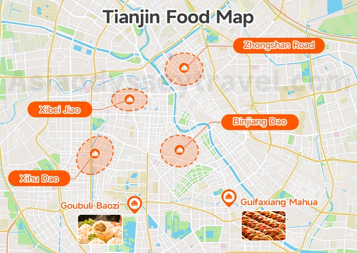 Tianjin food map marking major food streets, morning markets, and must-try restaurant locations across the city center