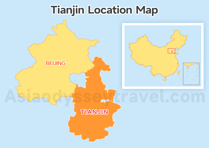 Tianjin China map showing Tianjin location in North China near Beijing