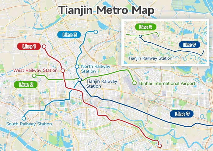 Simplified Tianjin metro map highlighting Lines 1, 2, 3, and 9 and major transport hubs