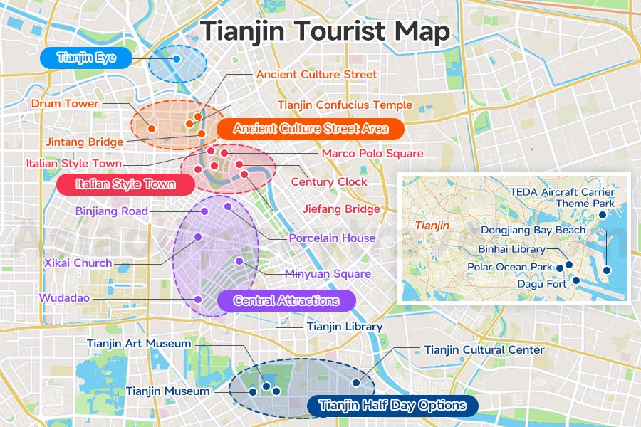 Tianjin tourist map with numbered attractions grouped into four areas