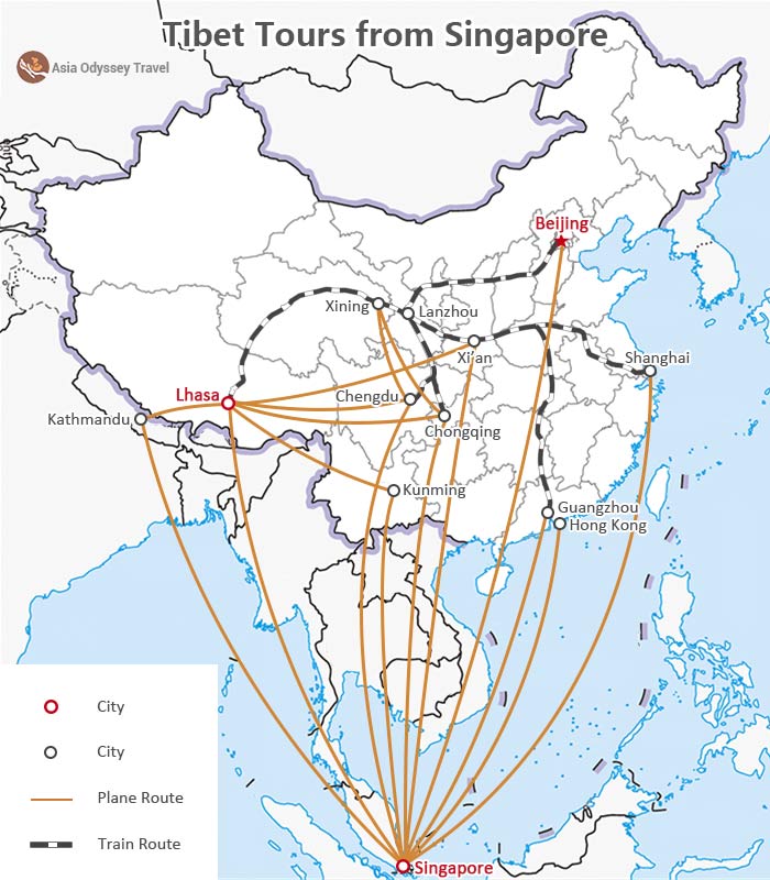 The Map for Tibet Tours from Singapore