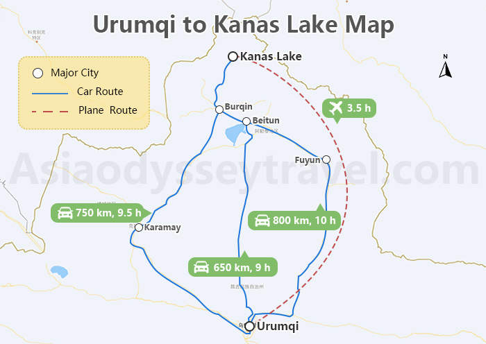 Urumqi to Kanas Lake Map