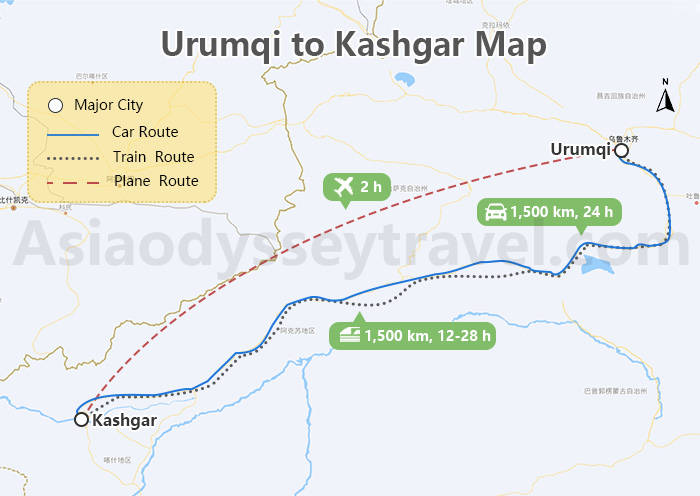 Urumqi to Kashgar Transportation Map