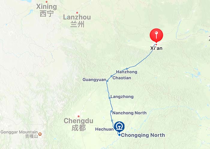 Xi'an to Chongqing High Speed Train Map