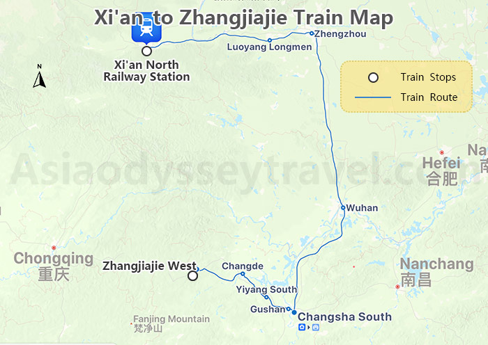 Xian to Zhangjiajie High Speed Train Map