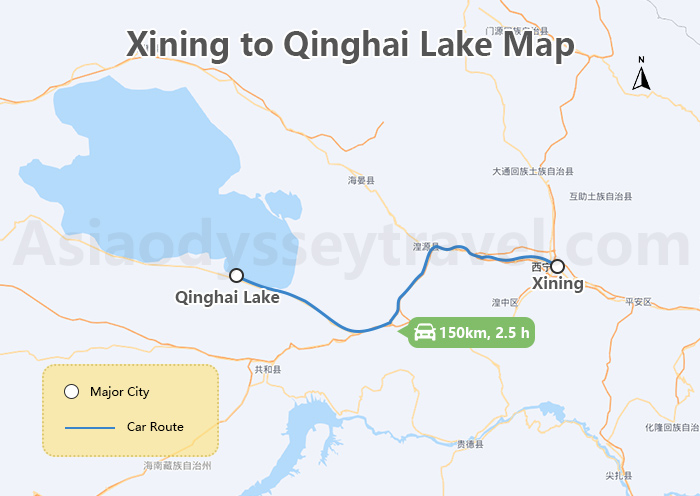 Xining to Qinghai Lake Map