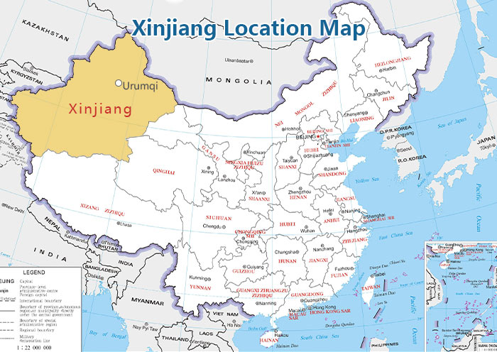 The Xinjiang Uyghur Autonomous Region is located in the northwest corner of the map of China