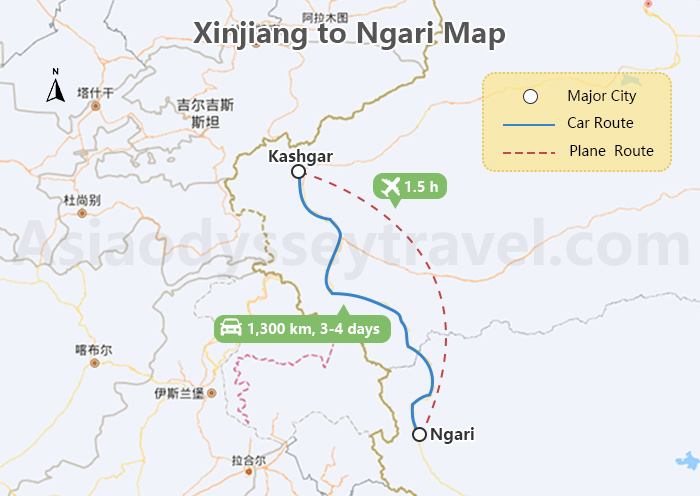 Xinjiang to Ngari Map