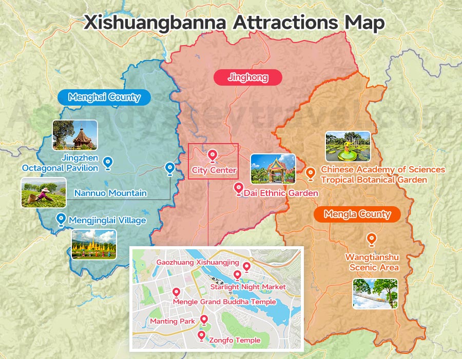 Overview Xishuangbanna attractions map — Jinghong, Mengla, and Menghai color-coded with major sights labeled